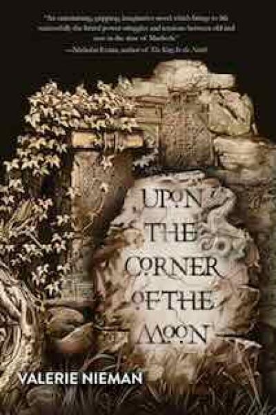 Book cover is artwork of a crumbling stone wall with ancient carvings