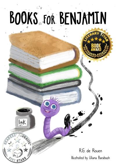 cover image of Benjamin, a purplee worm with his tail dripping ink from an ink bottle and stalks of books behind him
