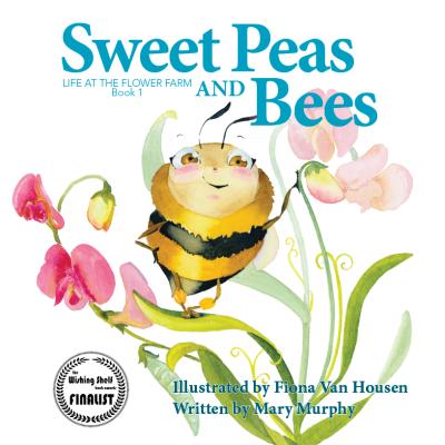 Illustrated watercolour bumblebee smiling atop sweet pea flowers/