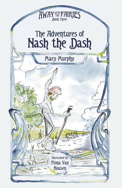 Impish forest dweller, Nash, is balancing atop a log, crossing a wee stream. The surrounding watercolour illustration includes sky, clouds, an a swirling design.