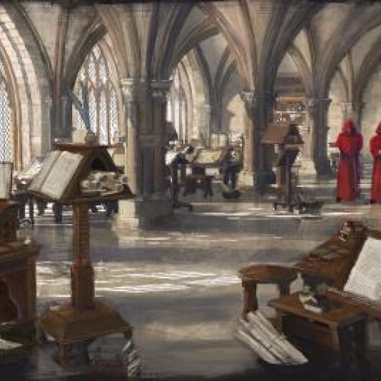 There is a scene in Elixa where two medieval monks are praying for each other, similar to these monks in this lovely scriptorium. Why are they doing this? And what happens next?