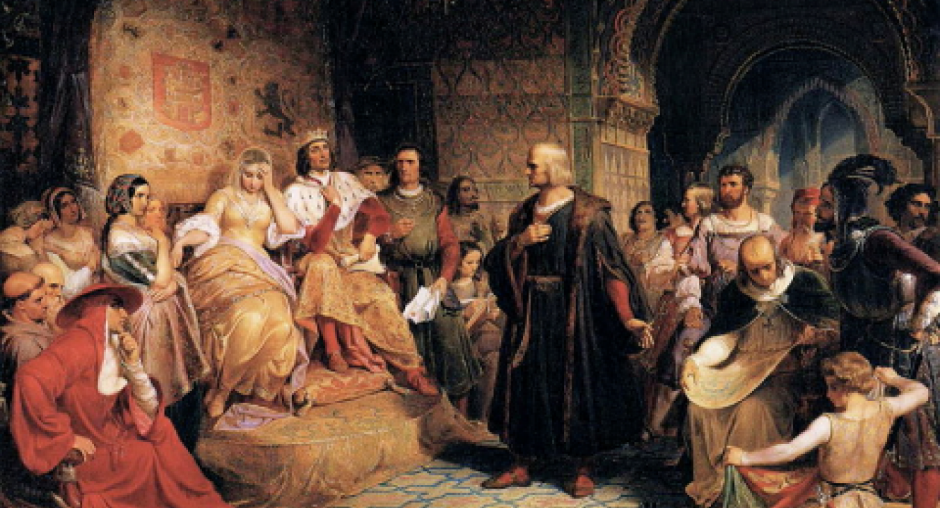 This image depicts Christopher Columbus meeting the Catholic Monarchs in the Alhambra Palace in Granada when he went to ask for funds to set off on his journey to find a new route to the Indies.